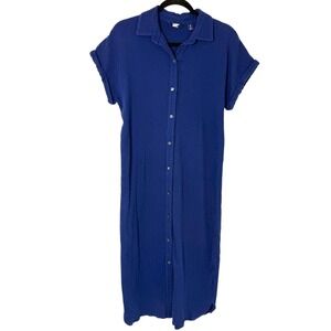 Lands' End 100% Cotton Shirt Dress‎ Small Navy Blue Button Front Casual Midi